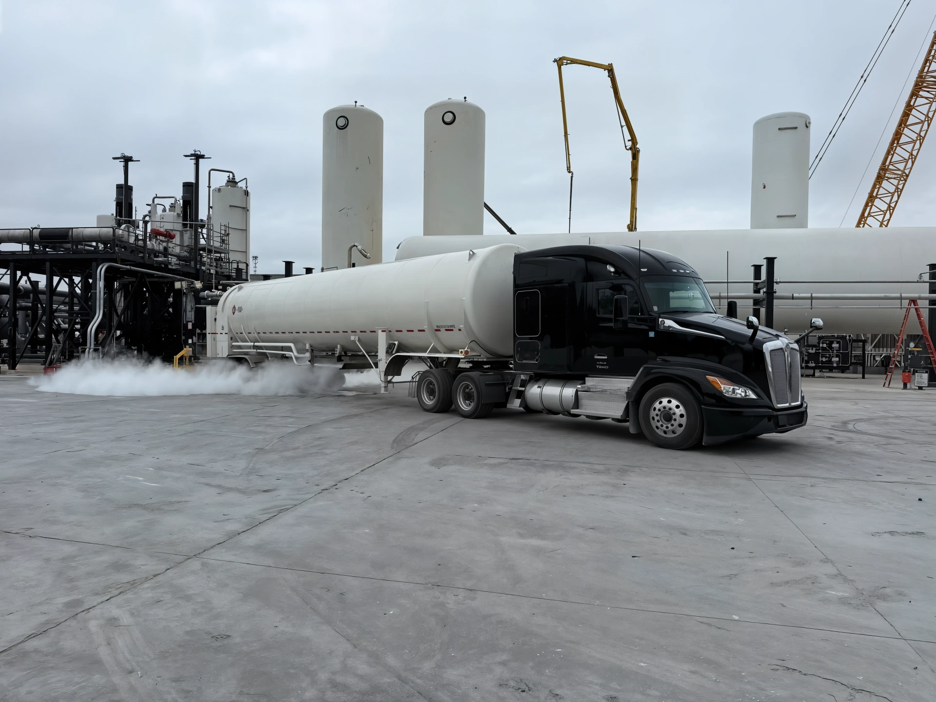 Black Kenworth tractor with cryogenic tanker venting at an industrial gas facility