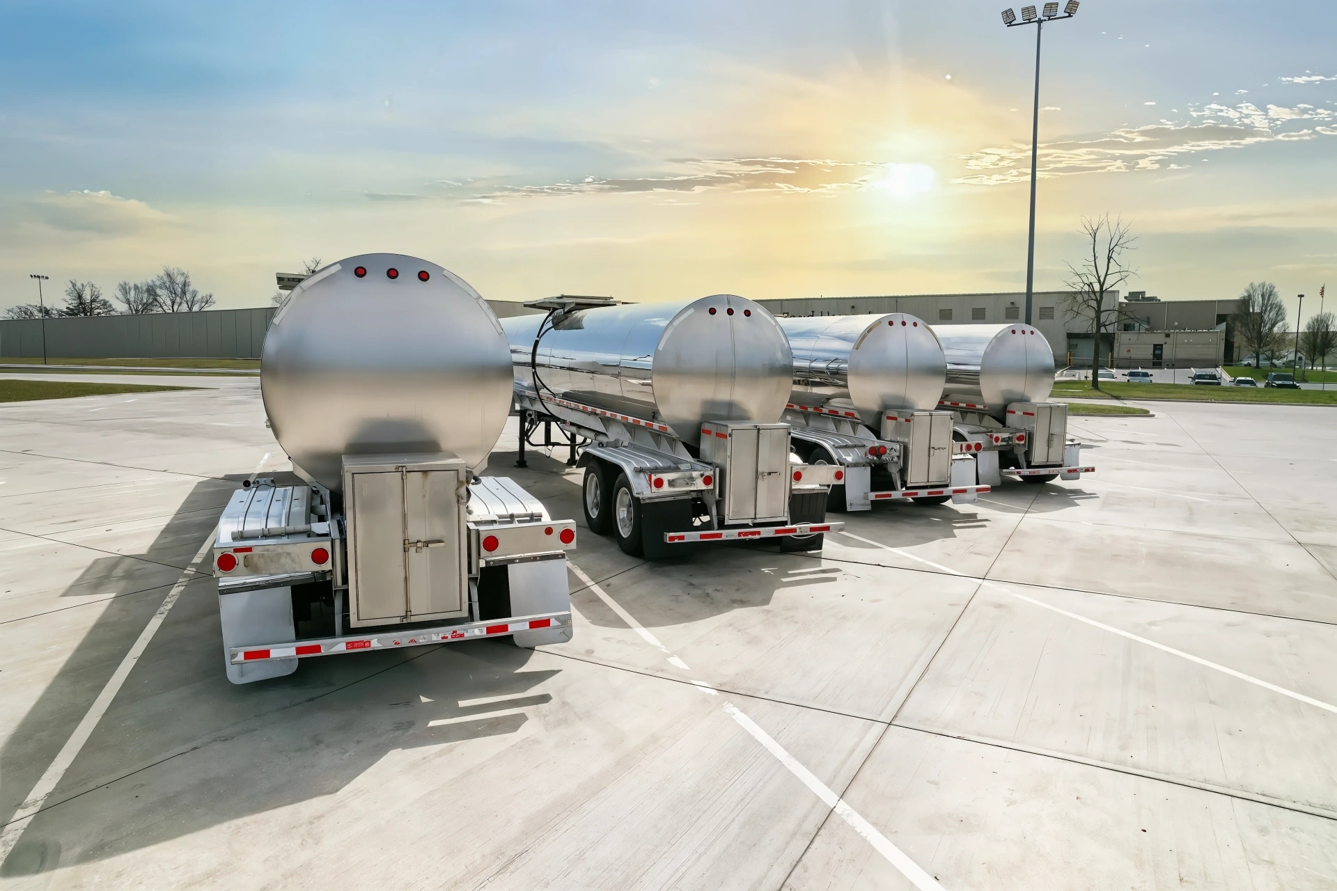 Stainless-steel liquid tanker fleet lined up at sunset